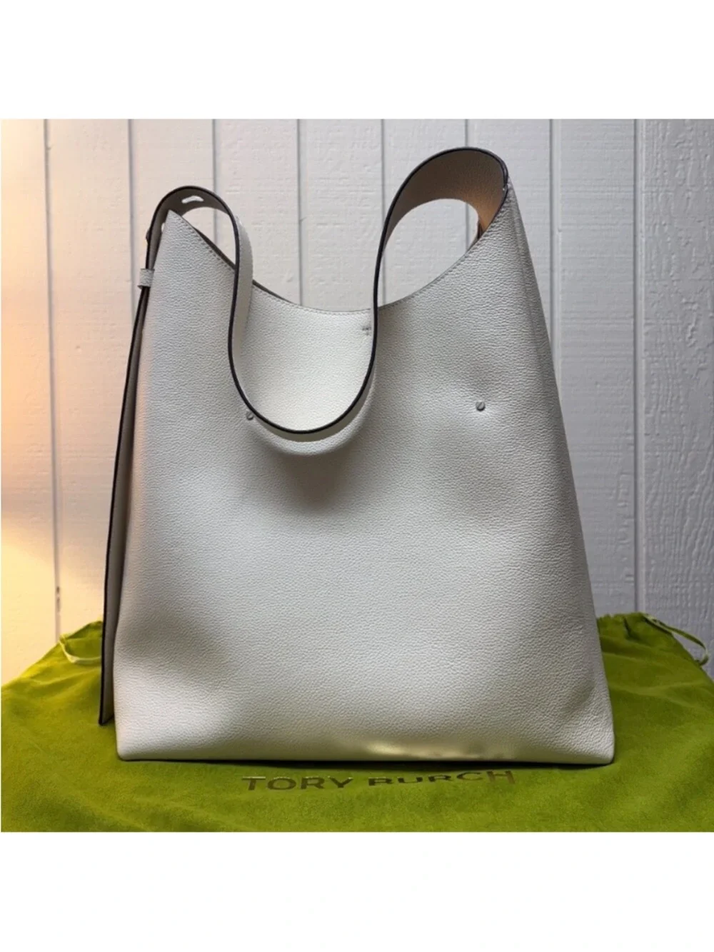 New Tory Burch Romy Pebbled Leather Large Cream White Hobo Boho Bag Purse $495